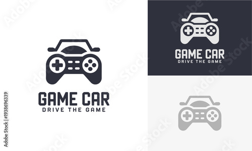 A game controller logo design displayed on various colored backgrounds, showcasing different versions of the graphic design, from dark mode to light mode.