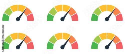 Risk meter icon set, risk concept on speedometer gauge, collection of risk level gauges from low to high, safety warning and danger assessment vector