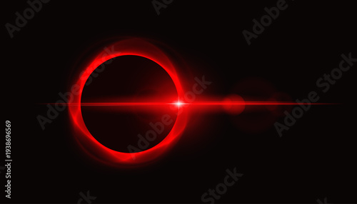Deep space photograph of a total solar or lunar eclipse. A dark black circular silhouette is framed by a vibrant, fiery red corona. A powerful horizontal lens flare cuts across the center, with artifa