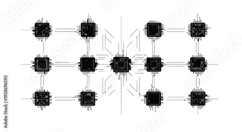 Black and white molecular structure illustration with connected nodes and lines on white background for science and chemistry concepts