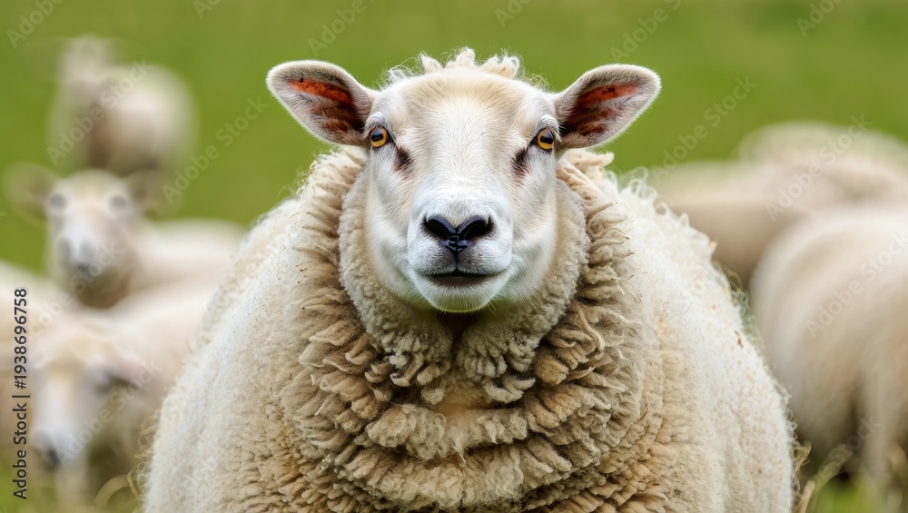 Obraz premium Medium shot of a fluffy white sheep with thick wool looking directly at the camera in a green pasture under natural daylight