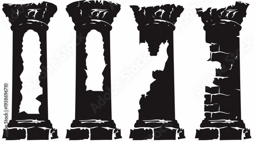 Silhouetted illustration of four classical columns in varying states of decay