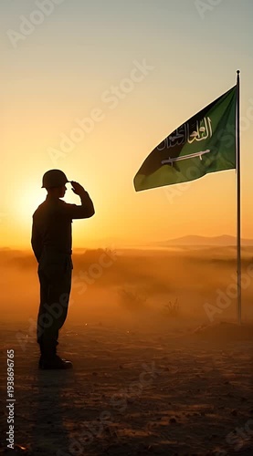 Silhouetted soldier saluting national flag at sunset in desert