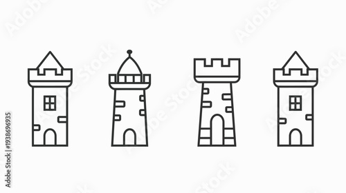 Four stylized, linear castle towers of varying designs. Each is a monochromatic line drawing