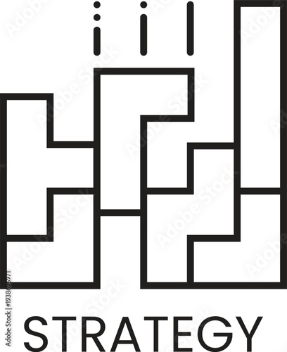 Black and white abstract puzzle pieces forming a maze with the word strategy