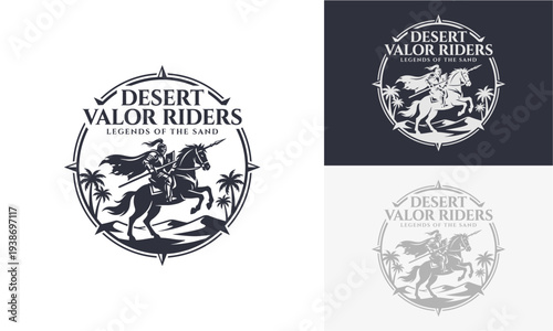 Vintage style illustration of desert riders on horseback showcasing bravery and skill in a circular emblem design