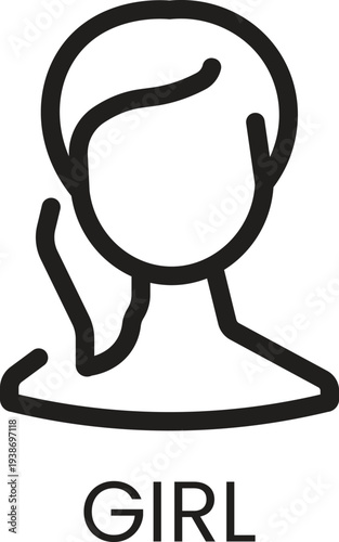 Simple black line of a girl's head and shoulders with text woman female person symbol