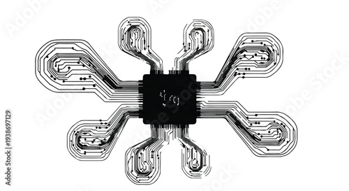 Minimalist Black and White Microchip with Complex Radial Circuitry