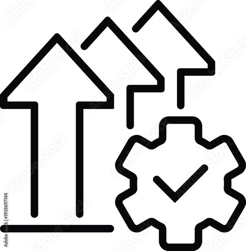 Three upward arrows and a gear with checkmark growth progress