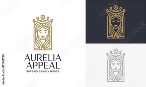 Elegant woman face illustration with crown, logo design concept, beauty house theme, vector graphics, various color versions