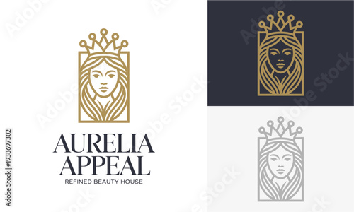 Luxurious woman face with crown logo designs for beauty and elegance branding on various backgrounds