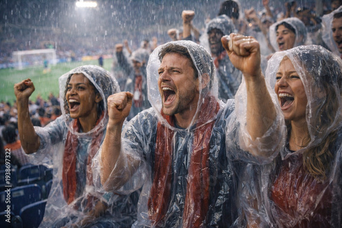 Generative AI fans cheering in rain wearing ponchos