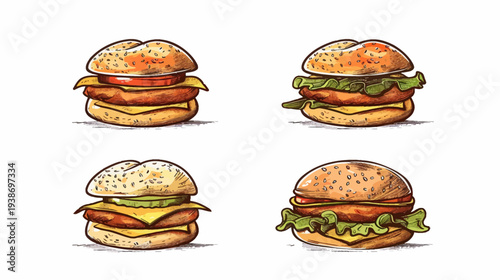 A hand-drawn illustration of four different burgers, each with unique ingredients