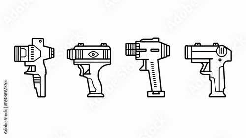 Four stylized outline illustrations of futuristic hand-held devices, each with a unique design