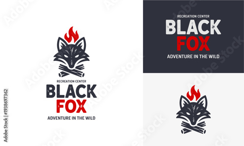 Black fox logo designs featuring a stylized fox head with flames on a varied background, symbolizing adventure in the wild