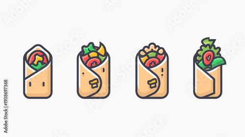 A collection of four colorful, stylized illustrations of wraps with various fillings against a white backdrop