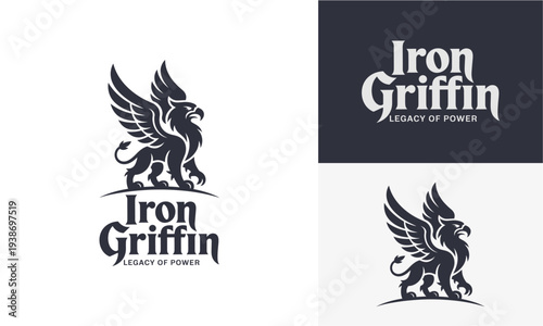 A collection of Iron Griffin logos featuring a mythical creature with wings, in various formats and backgrounds, showcasing a legendary symbol of power