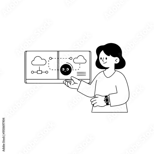 Minimalist dual monitor display illustration or Black and white technology explanation graphic