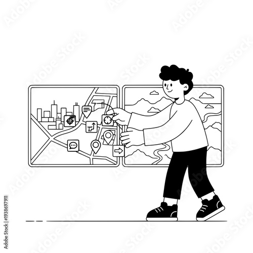 Minimalist dual monitor map outline for travel planning or Hand drawn travel itinerary map and landscape illustration for planners