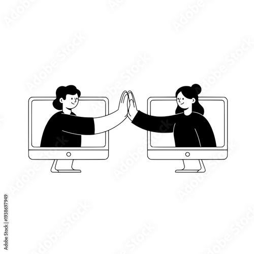 Minimalist outline collaboration illustration or Graphic illustration of online team connection