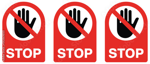 Warning stop sign icon set with red circle background and white hand gesture, do not enter area signal, safety notice, and access restriction design