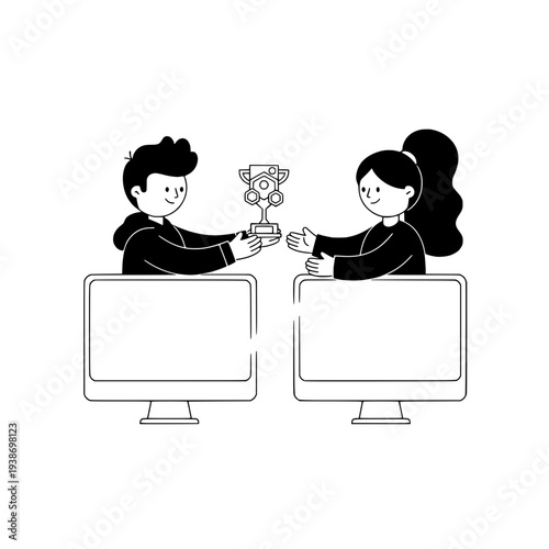 Dual monitor esports cartoon scene template creator or Modern esports setup illustration vector