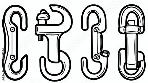 Bold black line art illustrations of four different styles of carabiner clips on white background