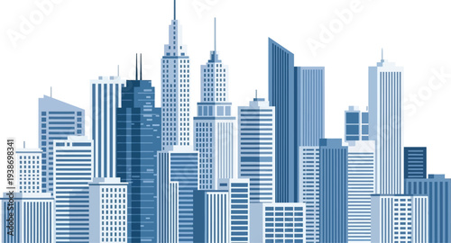 A blue and white illustration of a modern city skyline with tall skyscrapers and buildings