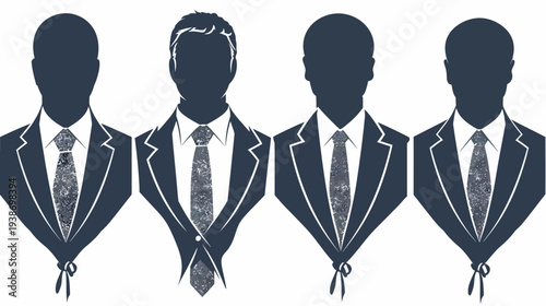 Silhouettes of suited figures. Each wearing a tie. Their ties are textured. Some have a bow