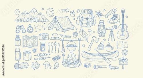 Camping and Hiking Outdoor Adventure Doodle Set with Tent Backpack Campfire and Nature Elements