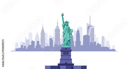 The Statue of Liberty stands tall in front of a stylized New York City skyline.