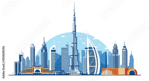 A vibrant city skyline with modern skyscrapers and a serene urban landscape at sunset