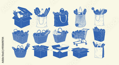 Vector Set of Blue Grocery Shopping Bag Box and Basket Icons for Food Delivery and Market Concept