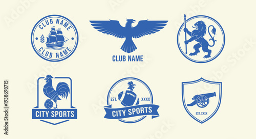 Set of Vintage Sports Club Logos and Emblems Featuring Eagle Lion Rooster Ship Cannon and Ball