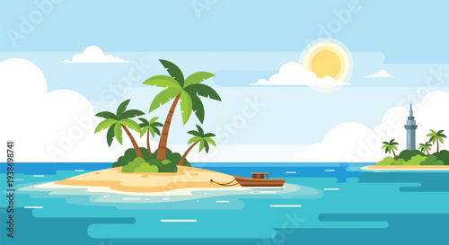 A serene tropical island with palm trees and a small boat floating in the calm ocean waters.