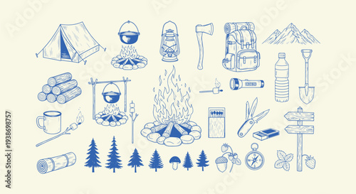 Hand Drawn Blue Camping Icons Set for Outdoor Adventure Hiking and Forest Exploration Travel Gear