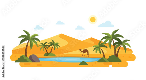 A serene desert oasis with a camel and palm trees surrounding a tranquil body of water.
