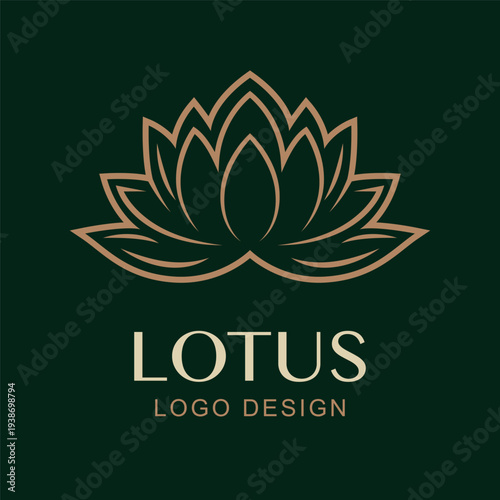 Vector Simple Lotus Logo Design. Minimal Luxury Flower Symbol for Spa, Wellness, Yoga, Beauty Brand, Natural Cosmetics, Health, Meditation Studios. Gold Lotus Symbol