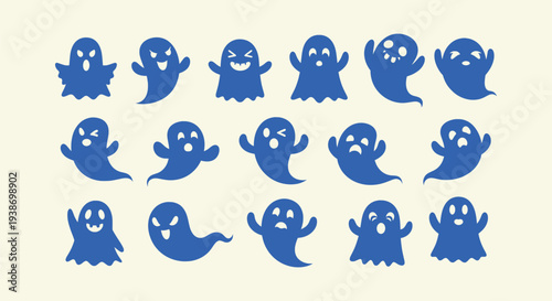 Set of Cute Ghost Silhouettes with Different Facial Expressions for Halloween Designs and Decor