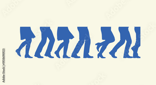 Silhouettes of Diverse Human Legs in Motion Walking and Dancing Blue Vector Art on Plain Background