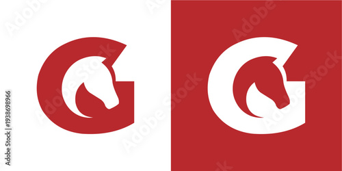 A minimalist graphic design featuring the profile of a white horse's head integrated into a stylized red letter 'G'. Two distinct compositions are presented: one on a white background and another on a