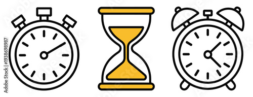 Stopwatch timer, sand hourglass, and blue alarm clock collection, time efficiency monitoring, waiting period, and work planning design