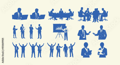 Business people silhouettes collection with corporate professionals working, meeting and presenting.