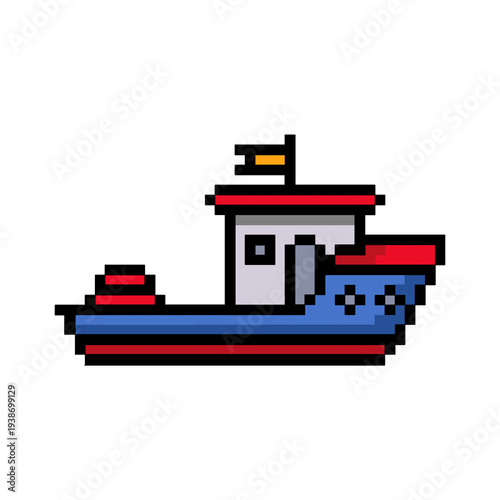 Flat Design Pixel Art Fishing Boat Illustration