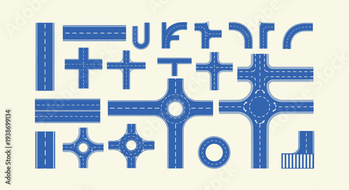 Vector blue road constructor set with various intersections, roundabouts, and highway segments.