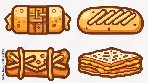 A cartoon graphic illustrating four different types of food. Each has detailed coloring