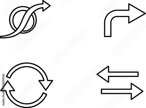 Set of four simple outline arrows indicates various navigation types including curved turn, continuous rotation,.