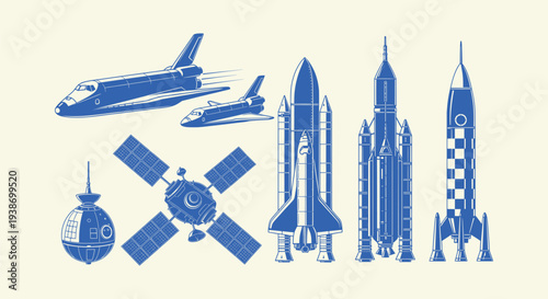 Space Exploration Vector Set with Shuttles Rockets Satellites and Probes in Blue Vintage Style