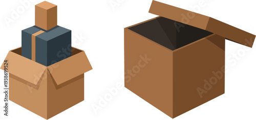Cardboard shipping boxes with stacked parcels illustrate concepts of logistics, storage, and fulfillment processes.