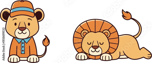 Two cute cartoon lions are shown, one standing upright wearing a hat and shirt, the other resting peacefully on the.